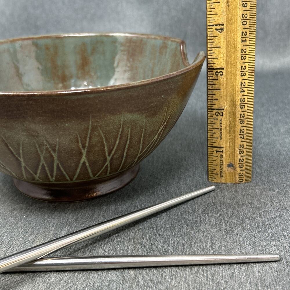 Artist Made Ramen Bowl Chopstick Notch Green Brown Stoneware Noodle Soup 7" Diam